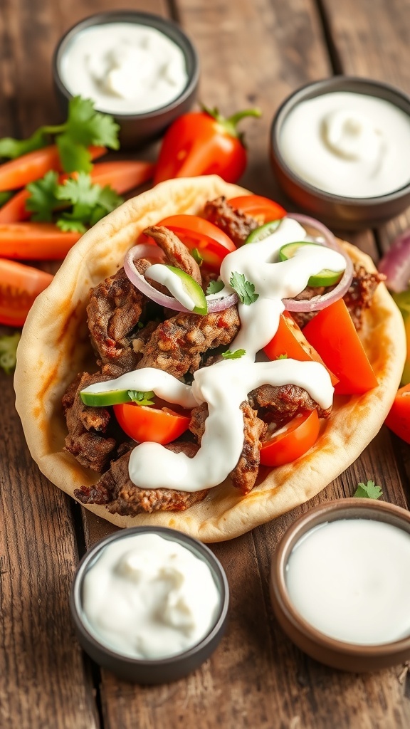 Air Fryer Pork Gyros Recipe Air fryer pork gyro in pita with tomatoes, cucumbers, red onions, and tzatziki sauce on a wooden table.